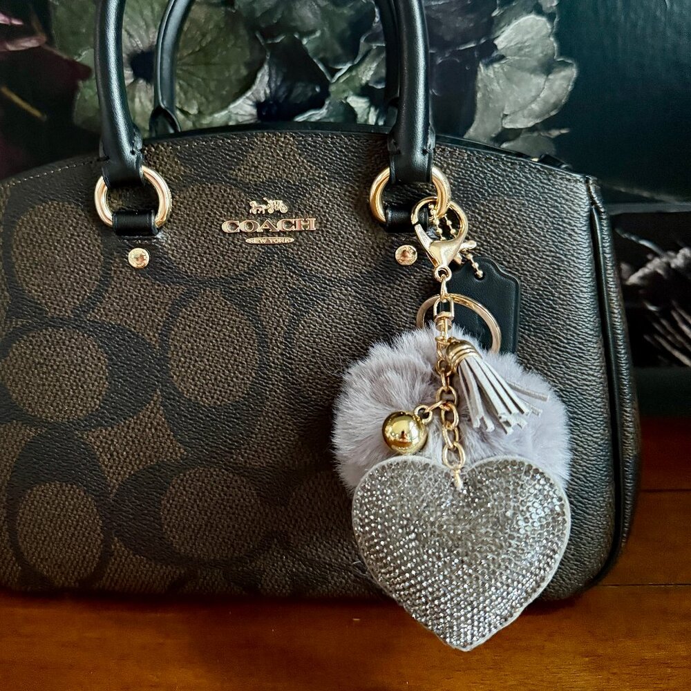 New Gray Rhinestone Heart and Pom Pom Keychain Purse Charm